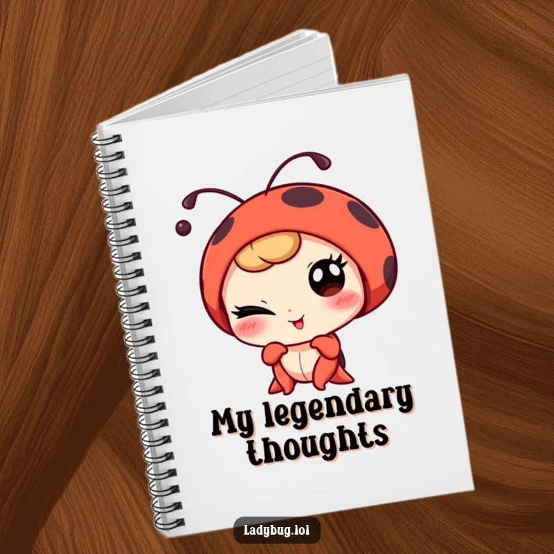 Funny winking ladybug character playfully posing for a portrait, on a humorous notebook for stylish note-taking.