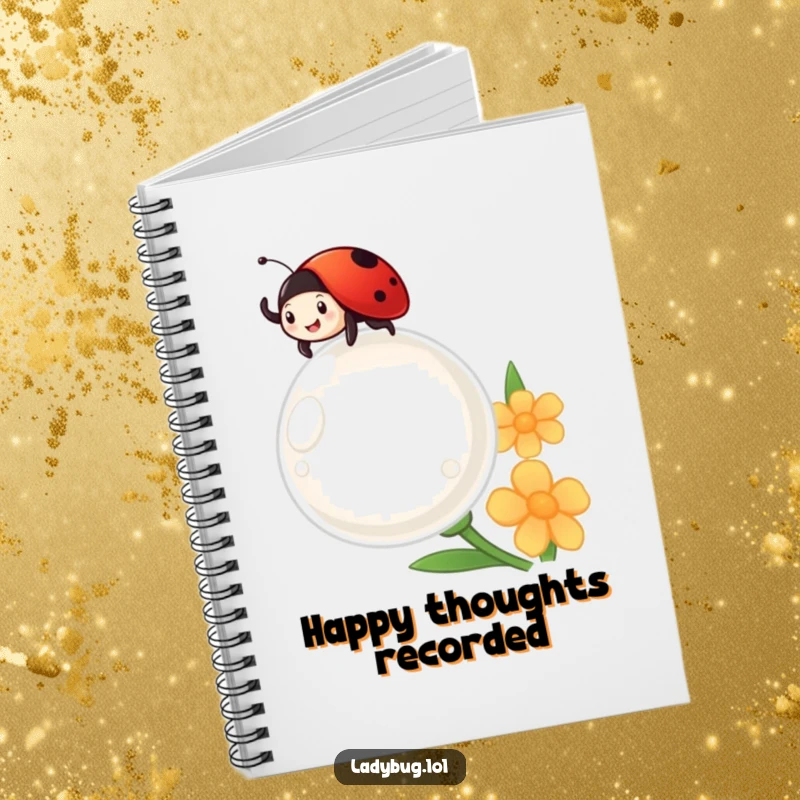 Funny ladybug cheerfully waves from atop a giant dewdrop, looking delighted, on a functional notebook.