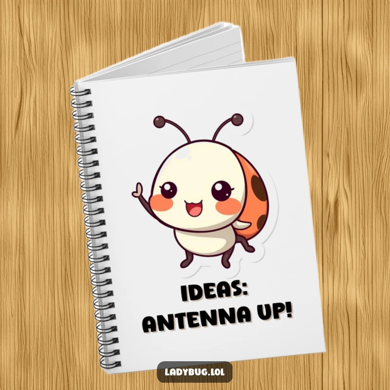 Funny ladybug notebook featuring a happy ladybug character cheerfully waving its tiny antennae, great for journaling.