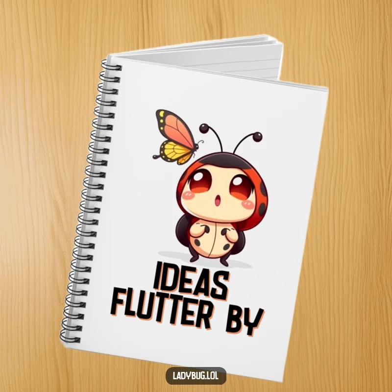 Funny ladybug notebook cover featuring a ladybug character with huge, amazed eyes, captivated by a butterfly flying past, inspiring wonder.