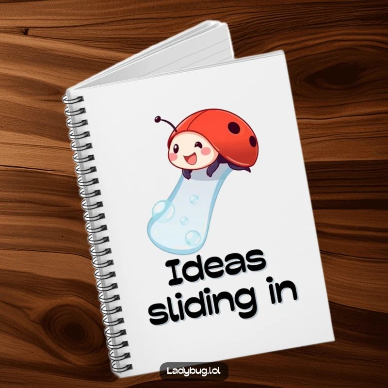 Funny ladybug notebook with a delighted ladybug sliding down a dewdrop, perfect for humorous and creative note-taking.