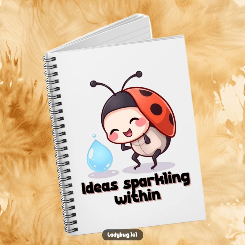 Funny ladybug notebook featuring a jovial insect character playfully bumping into a dewdrop, perfect for creative journaling.