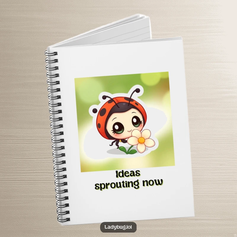 Funny notebook with a ladybug character with wide, curious eyes, observing a flower, perfect for recording observations and thoughtful notes.