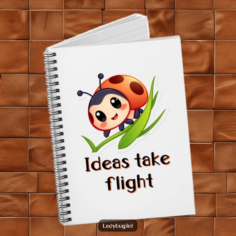 Funny Ladybug Notebook: Cover features a ladybug character with big eyes joyfully sliding down a grass blade, adding fun to notes.