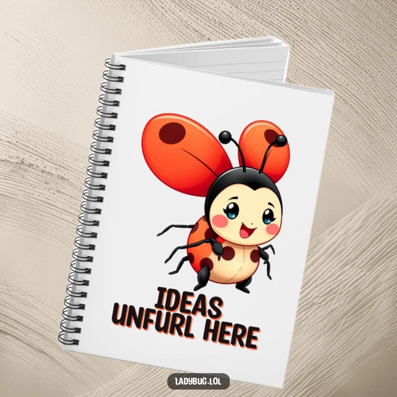 Funny ladybug notebook with a cheerful character and oversized, bright red wings unfurled, ideal for writing and doodling.
