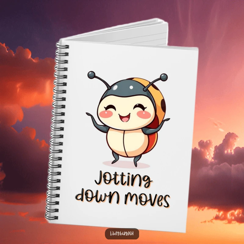 Funny smiling ladybug notebook with a ladybug doing a shimmy, designed for jotting down notes with a humorous and cheerful bug theme.