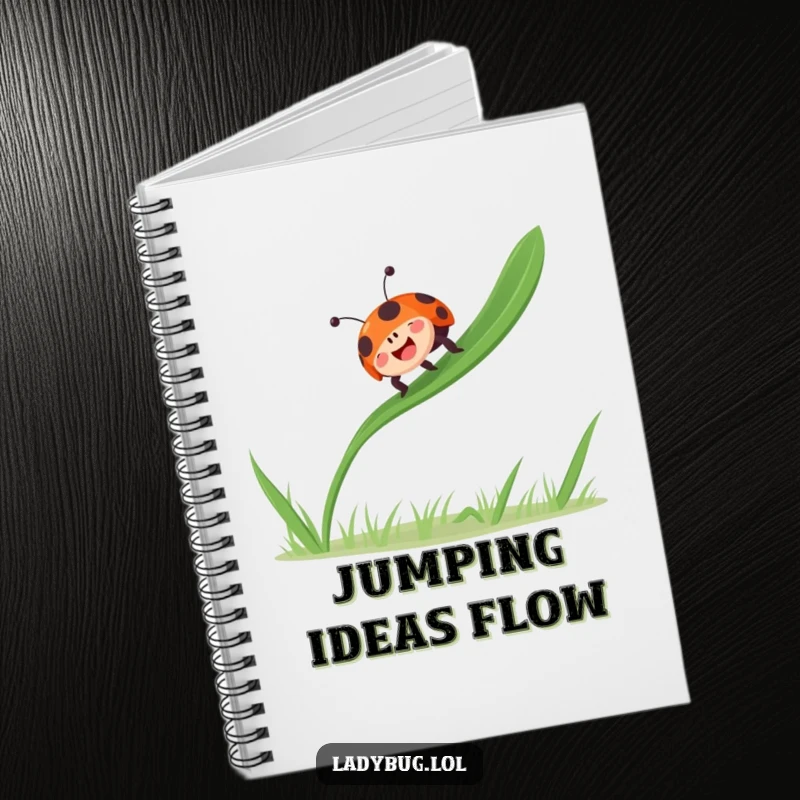Funny ladybug bounces gleefully on a single blade of grass, radiating joy, on a functional notebook.