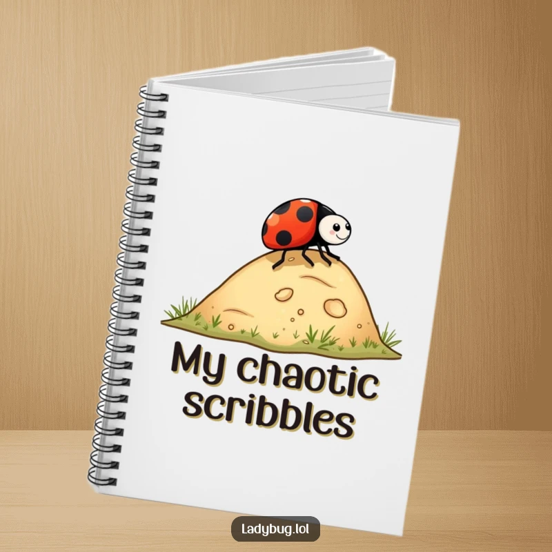 Funny ladybug notebook with a ladybug rolling down a hill, designed for jotting down notes with a humorous and adventurous bug theme.