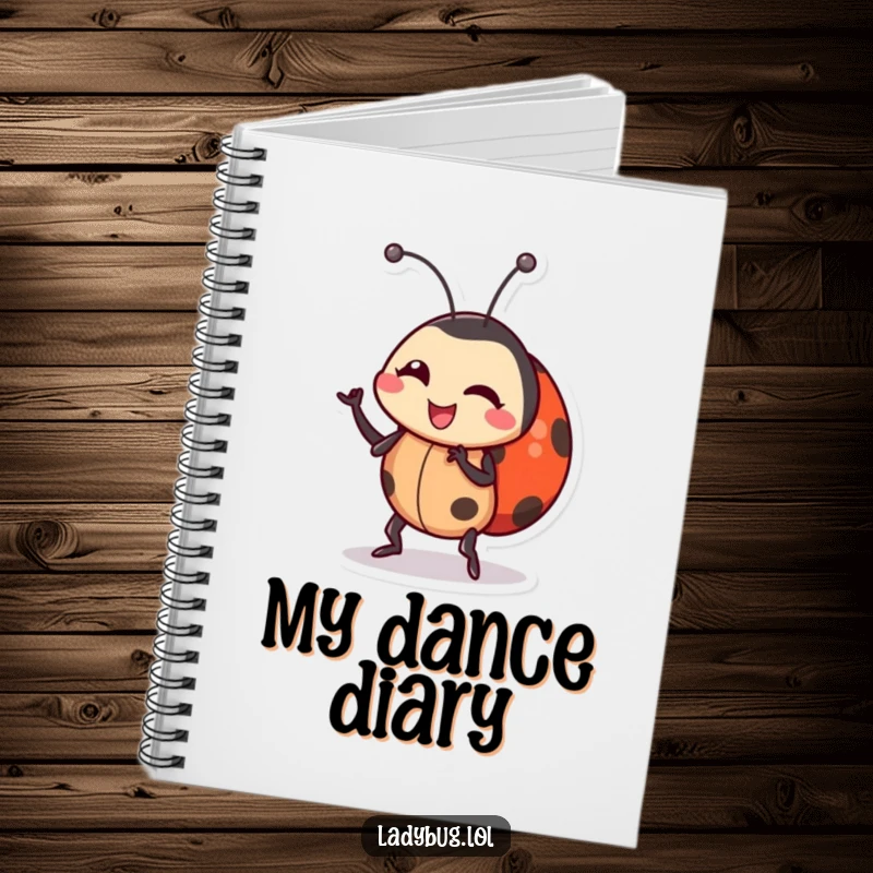 Funny ladybug notebook cover showing a cheerful ladybug character doing a silly, energetic dance, wiggling its body with glee.