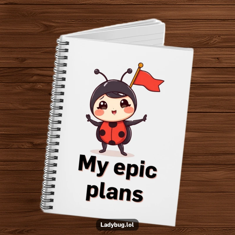 Funny ladybug notebook featuring a comical ladybug posing triumphantly with a miniature flag, ideal for jotting down notes with humor.