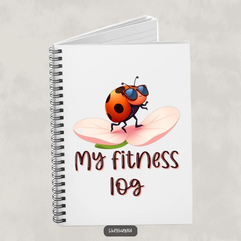 Funny ladybug notebook with a ladybug wearing tiny sunglasses, cheerfully jogging across a petal, ideal for note-taking with humor.