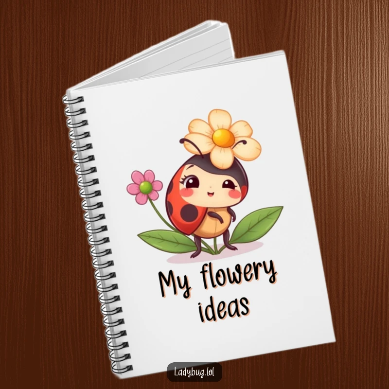 Funny ladybug notebook with a ladybug comically trying to wear a flower as a hat, ideal for note-taking with humor.