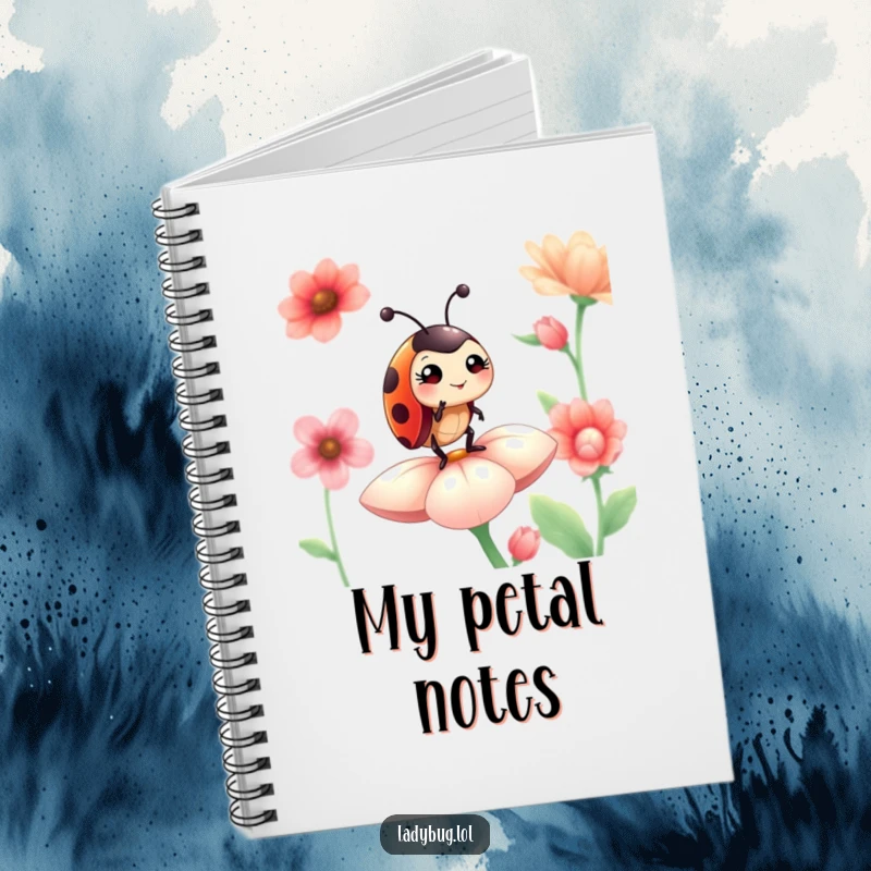 Funny ladybug notebook featuring a proud ladybug character winking slyly while standing on a flower petal, perfect for writing.