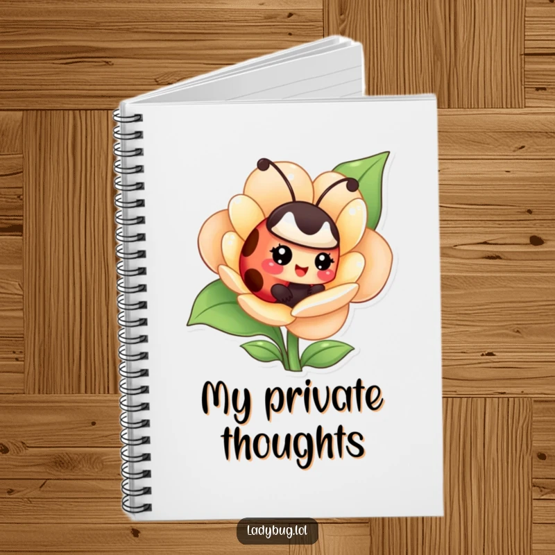 Funny notebook with a giggling ladybug hiding in a flower, ideal for jotting down playful thoughts and secrets.