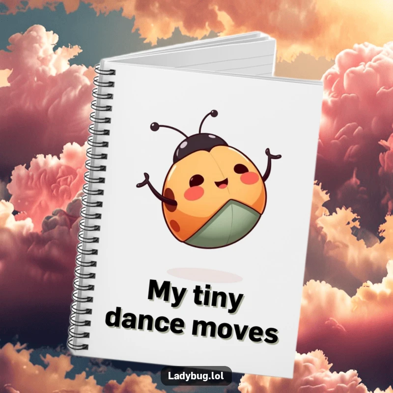 Funny ladybug notebook with a happy ladybug enthusiastically waving its legs, perfect for jotting down notes with a humorous touch.