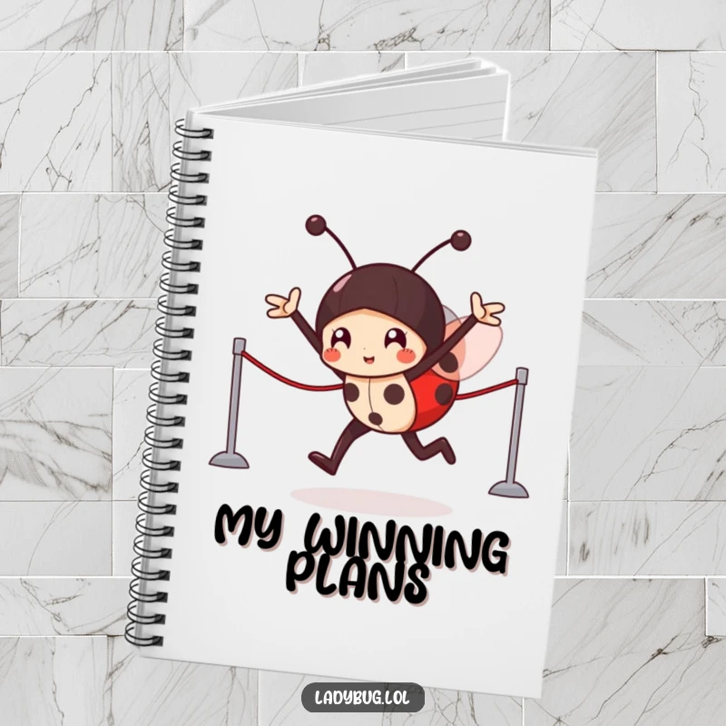 Funny Notebook: Victorious ladybug character crossing an imaginary finish line, perfect for tracking goals and achievements.