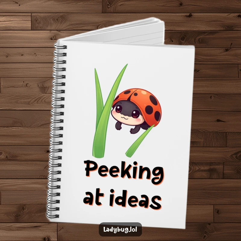 Funny ladybug notebook with a curious ladybug character peeking from behind grass, encouraging creative thoughts.