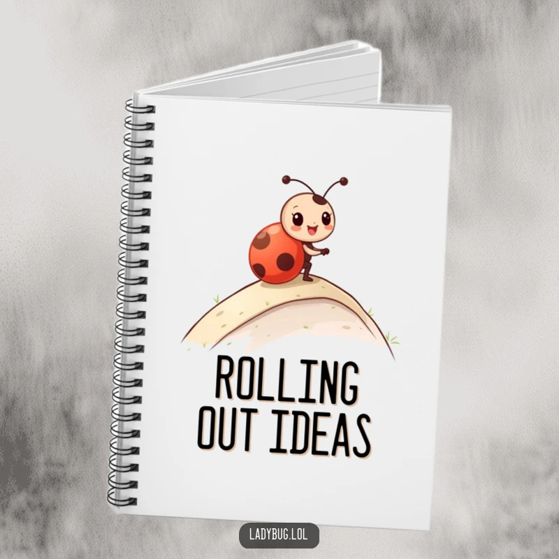 Funny Notebook cover showing a ladybug character tumbling joyfully down a slope, inspiring fun and creative note-taking.