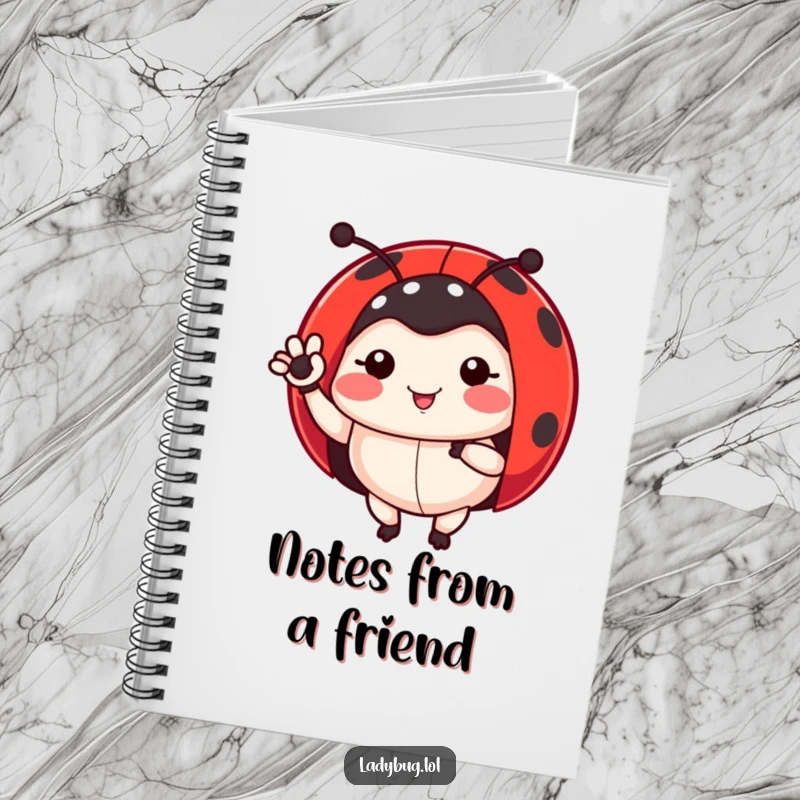 Funny ladybug notebook featuring a ladybug waving a leg, perfect for notes and inspiration, a humorous insect-themed gift.