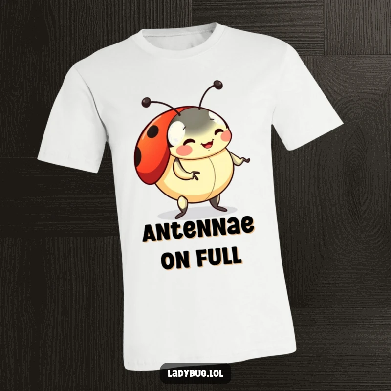 Funny ladybug t-shirt depicting a playful ladybug doing a silly dance with wiggling antennae, celebrating joyful movement.