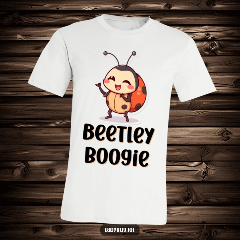 Funny ladybug t-shirt showing a cartoon ladybug character mid-wobble, performing a silly, energetic dance with its whole body jiggling.