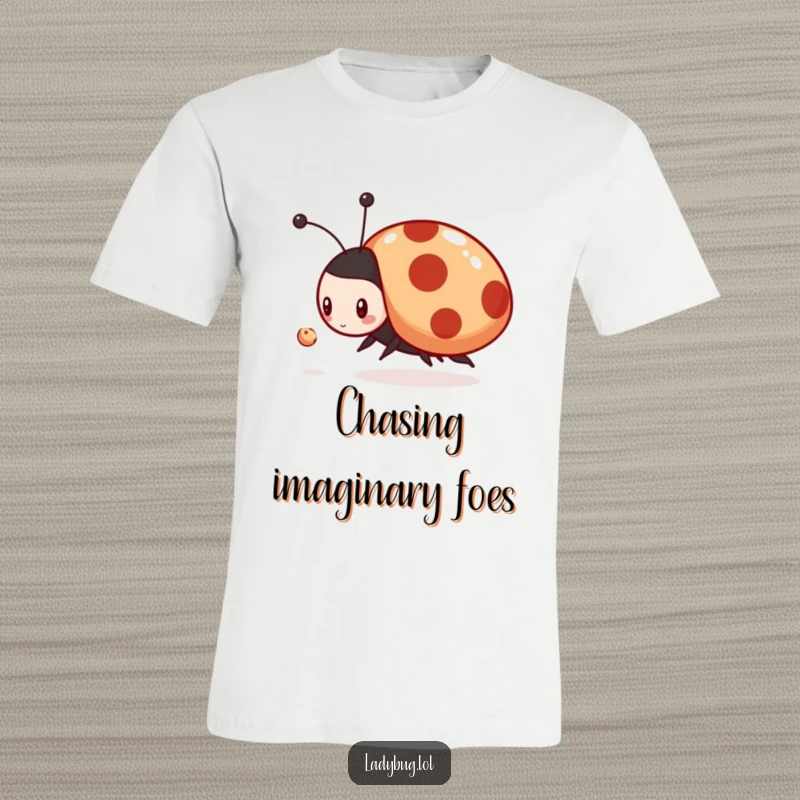 Funny t-shirt showing a playful ladybug character zoomed in, enthusiastically chasing a minuscule dust mote, looking determined.