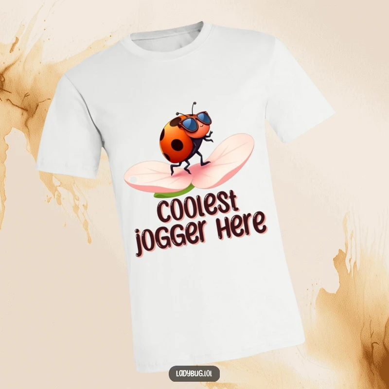 Funny ladybug t-shirt featuring a ladybug with tiny sunglasses cheerfully jogging across a petal, a humorous depiction of active coolness.