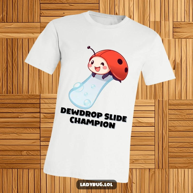 Funny ladybug t-shirt illustrating a delighted ladybug sliding down a dewdrop, capturing a moment of pure fun.