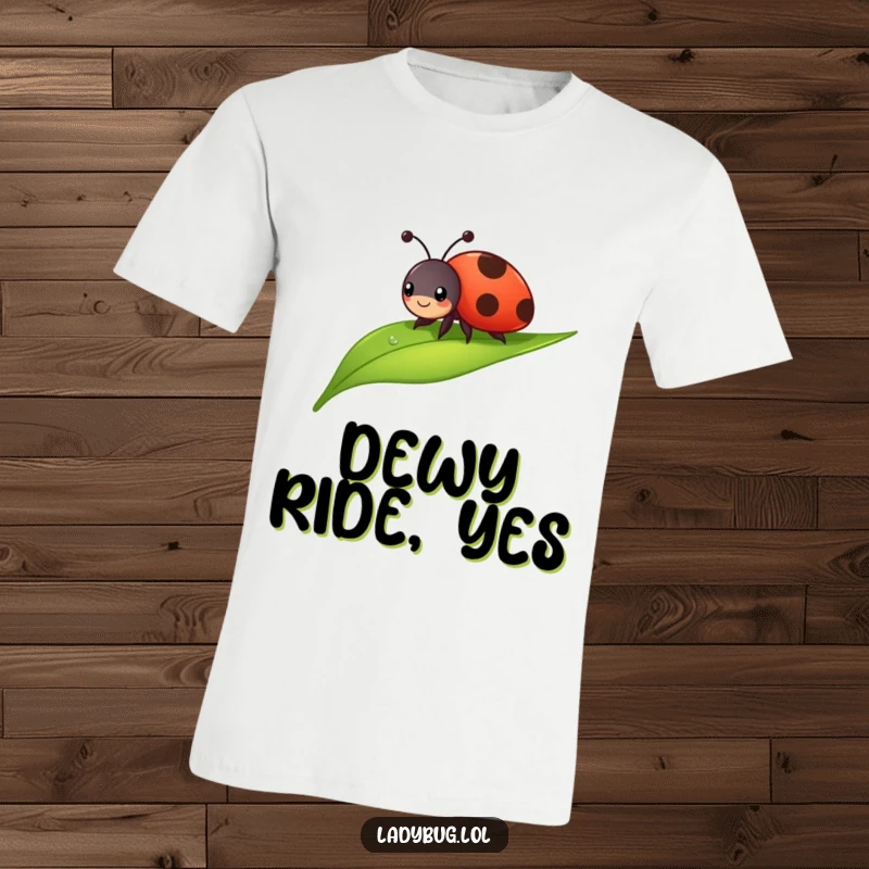 Funny ladybug t-shirt featuring a cheerful bug sliding down a dewdropped leaf. Whimsical and humorous.