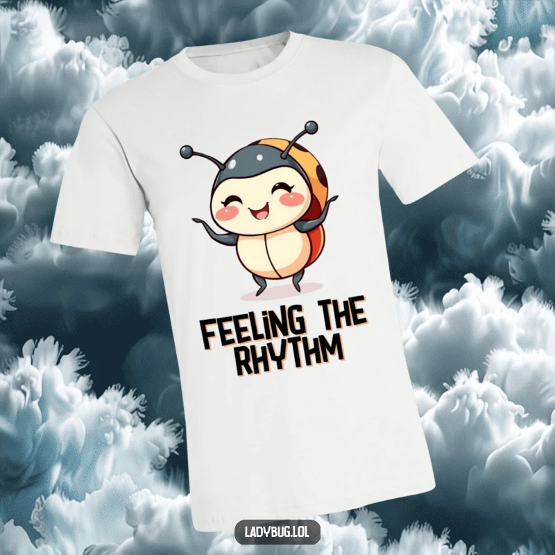 Funny smiling ladybug t-shirt doing a joyful shimmy, showcasing a happy and dancing bug for a cheerful and whimsical look.