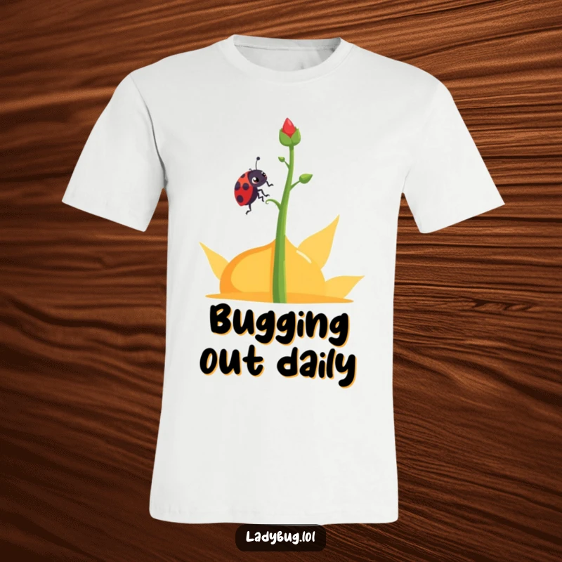 Funny determined ladybug t-shirt depicting a ladybug character climbing an abstract plant stem, embodying persistence.