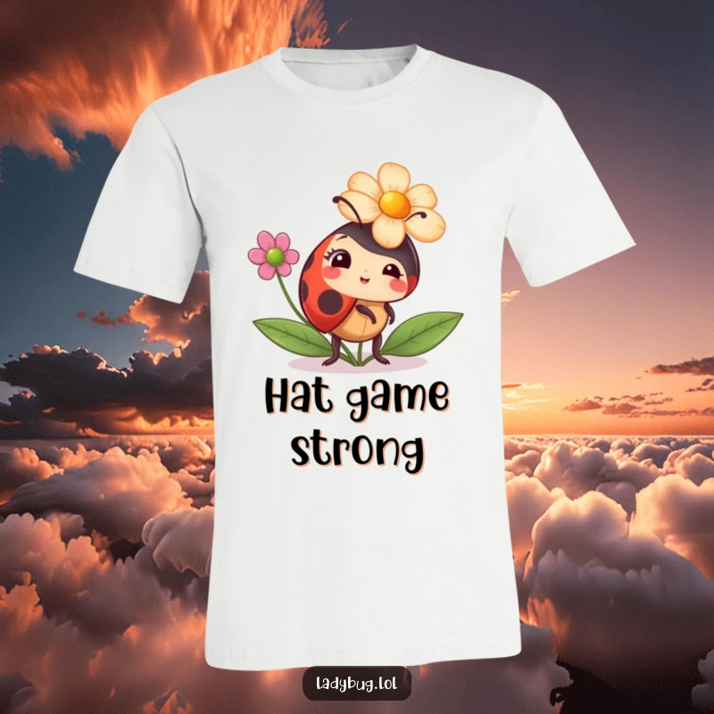 Funny ladybug t-shirt depicting a ladybug comically attempting to wear a flower as a hat, a humorous and stylish fashion statement.