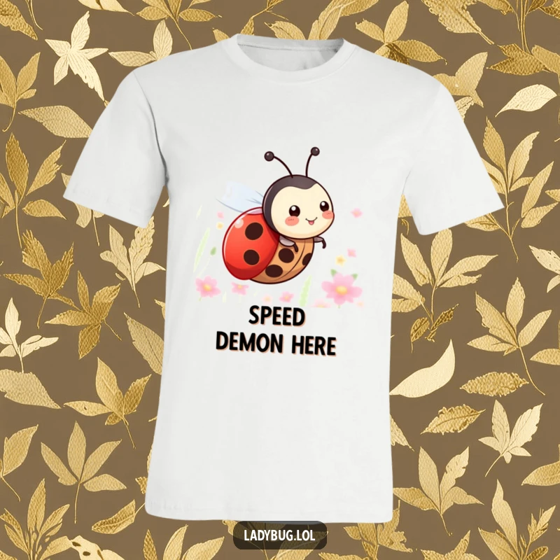 Funny t-shirt showcasing a happy ladybug with small wings, having a blast as it zooms through the air with joy.