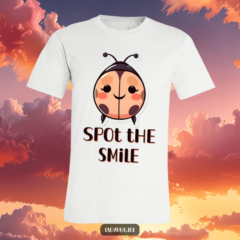 Funny ladybug t-shirt: a happy ladybug character displaying spots that form a cheerful smiley face, symbolizing joy and optimism.
