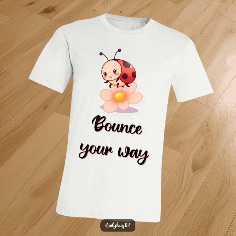 Funny ladybug t-shirt featuring a cheerful ladybug character having a blast bouncing high on a delicate flower petal.
