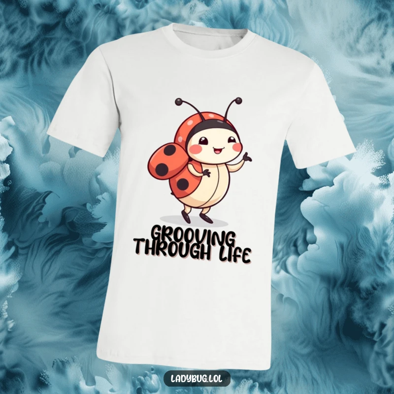 Funny ladybug t-shirt featuring a cute character performing an energetic and happy little dance, full of life and cheer.