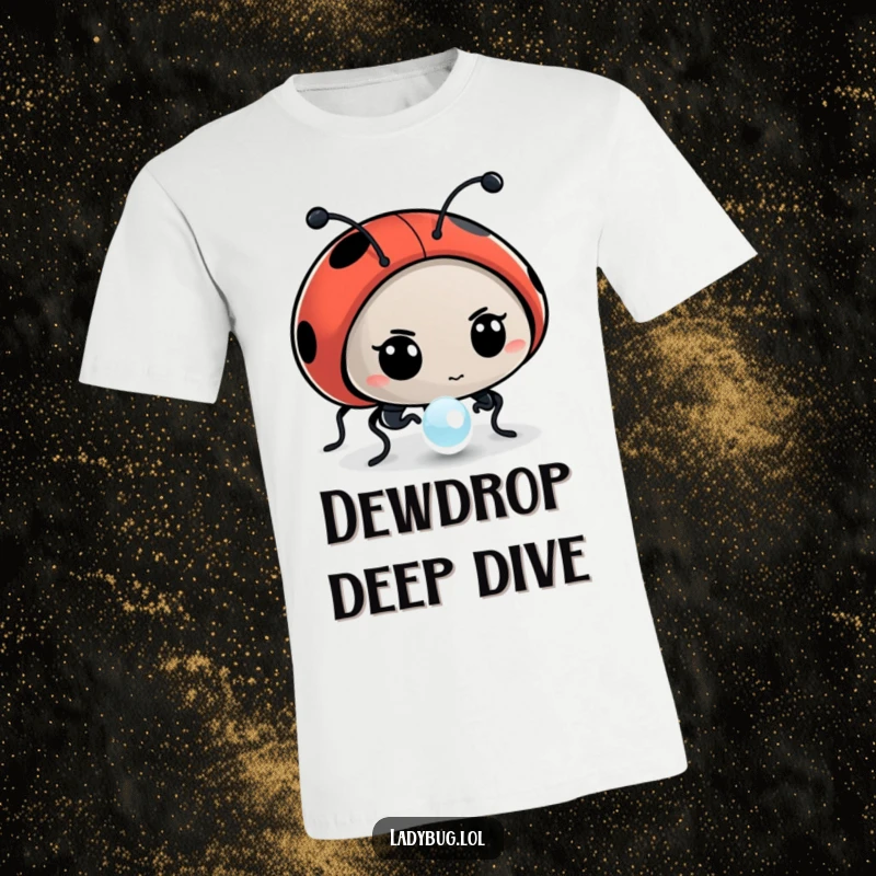Funny t-shirt of a determined ladybug character intently examining a dewdrop, highlighting its brilliant reflection.