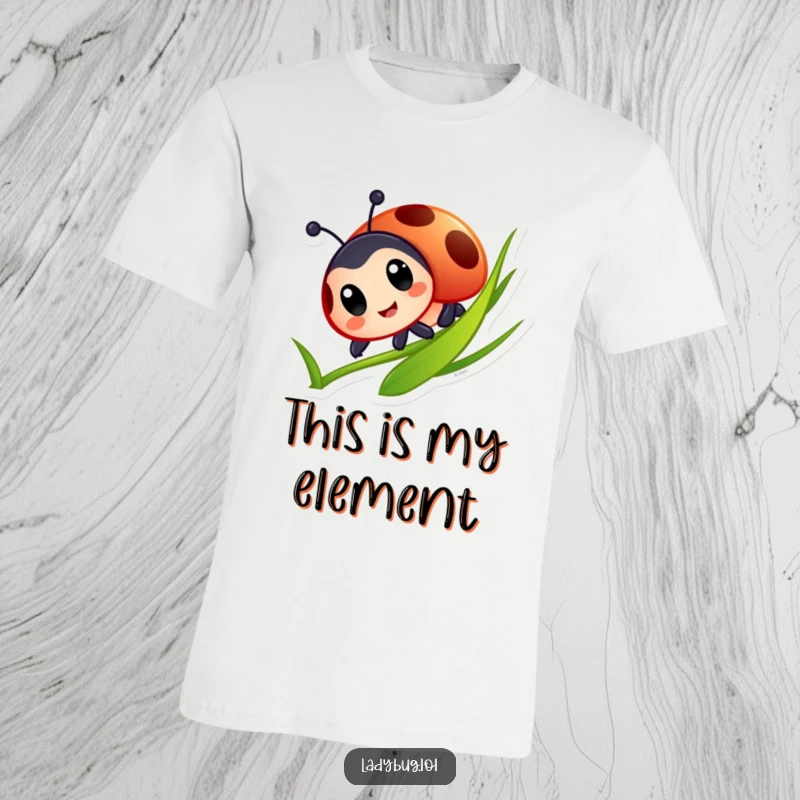 Funny Ladybug T-Shirt: Animated insect with large eyes joyfully sliding down a blade of grass, showcasing adventurous spirit and fun.