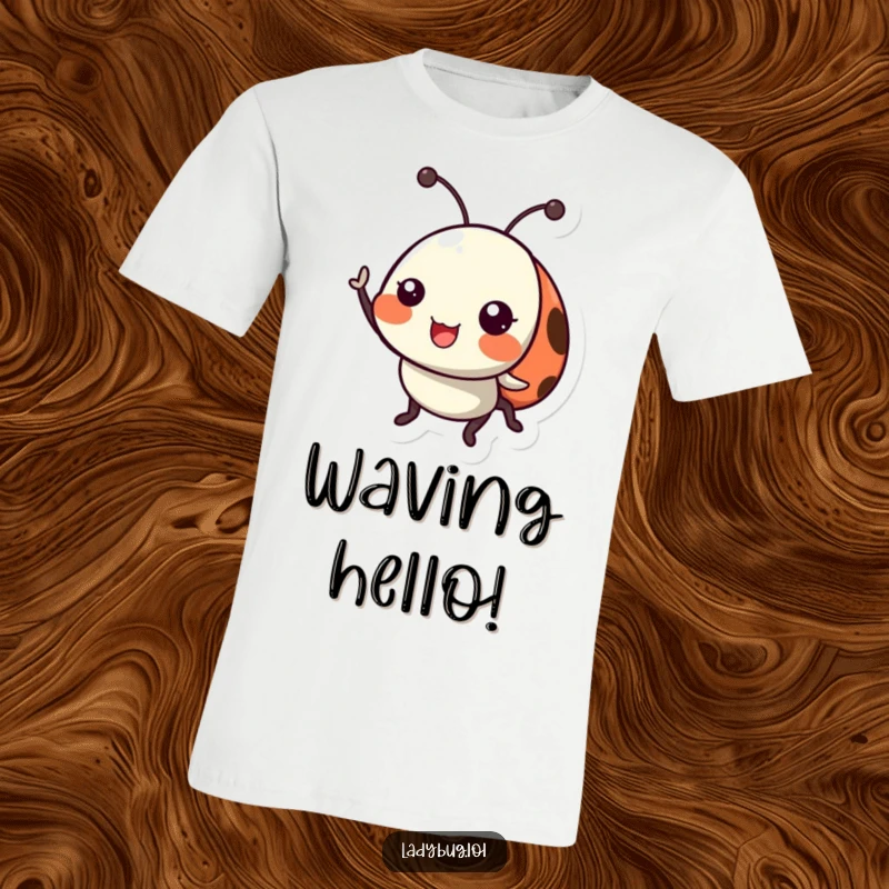 Funny ladybug t-shirt featuring a happy ladybug character waving its tiny antennae with a cheerful expression.