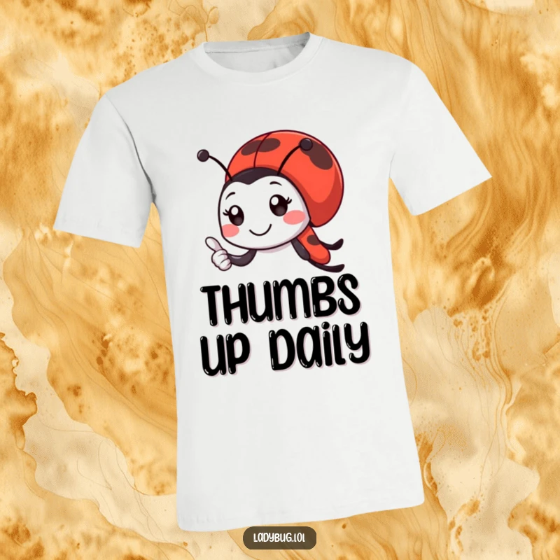 Funny ladybug t-shirt featuring a smiling ladybug character giving a tiny, enthusiastic thumbs-up, perfect for spreading positivity.