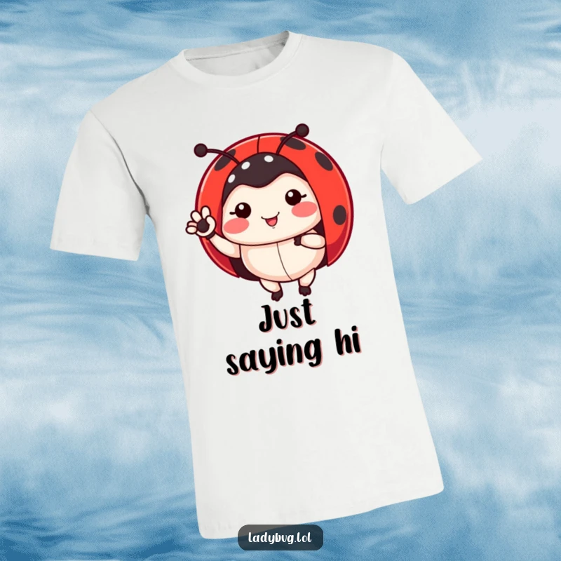 Funny ladybug t-shirt showing a cute ladybug waving a leg, full of friendly charm, a perfect insect enthusiast gift.