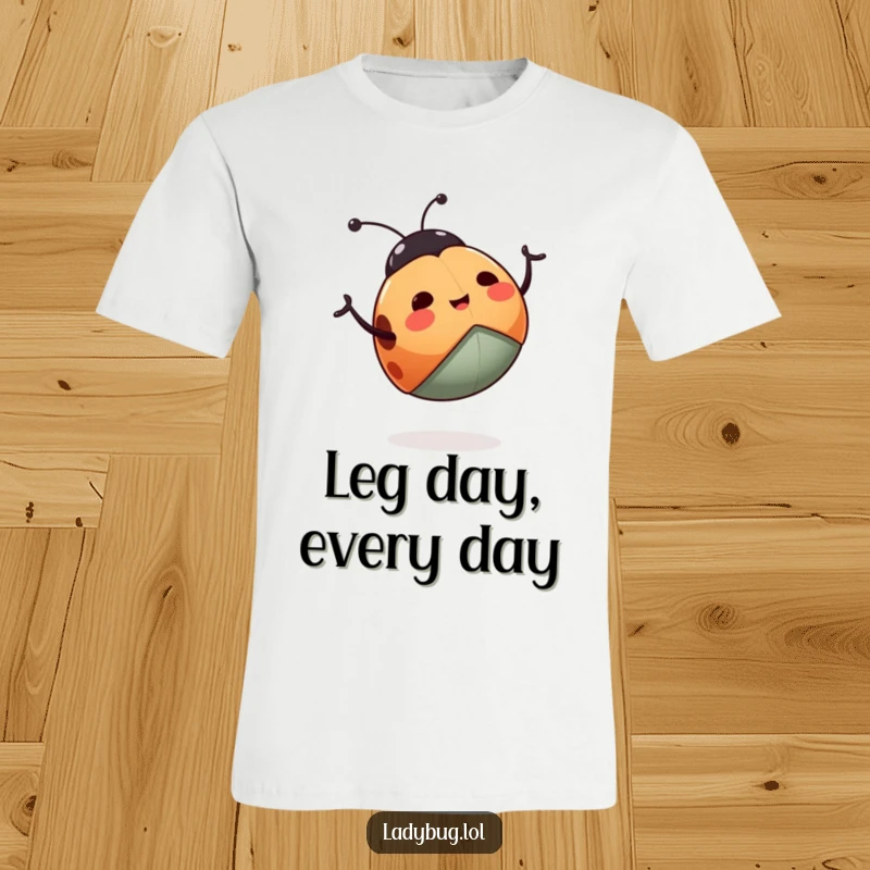Funny ladybug t-shirt featuring a happy ladybug enthusiastically waving its legs, showcasing a playful and cheerful design.