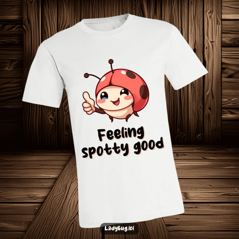 Funny t-shirt with a smiling ladybug giving a thumbs up, showcasing a cheerful and encouraging personality.