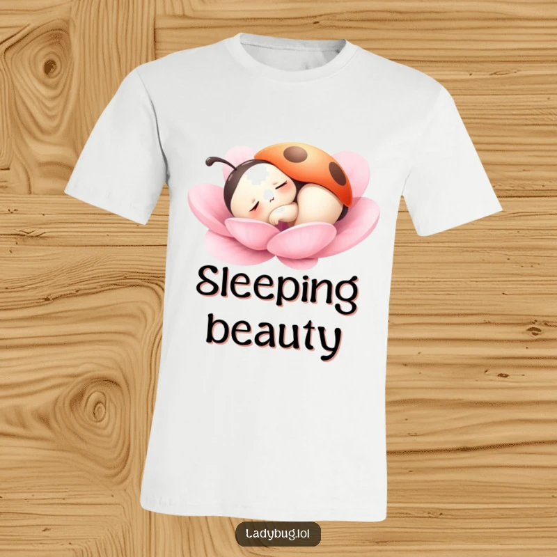 Funny t-shirt depicting a ladybug character peacefully sleeping on a soft petal, radiating a sense of calm and gentle repose.