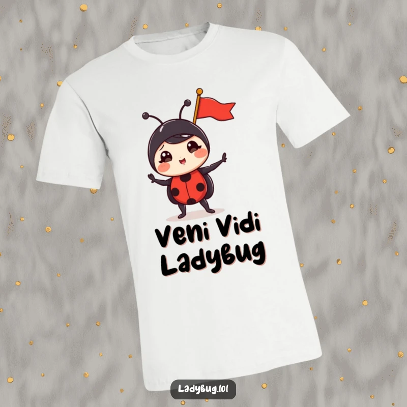 Funny ladybug t-shirt showcasing a comical ladybug striking a triumphant pose with its miniature flag, a humorous symbol of accomplishment.