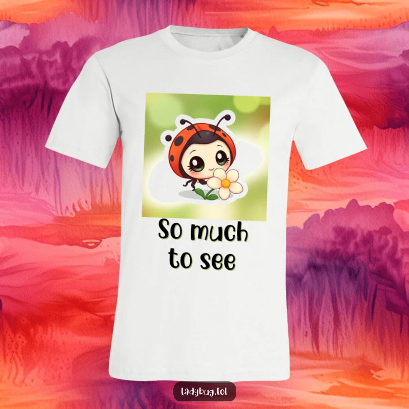 Funny t-shirt depicting a ladybug character with large, inquisitive eyes, observing a flower with gentle curiosity, perfect for nature lovers.