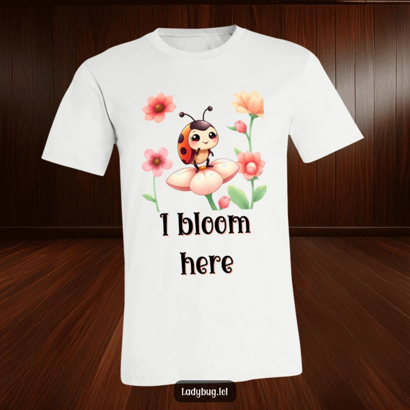 Funny ladybug t-shirt with a confident ladybug character winking playfully as it stands proudly atop a vibrant flower petal.