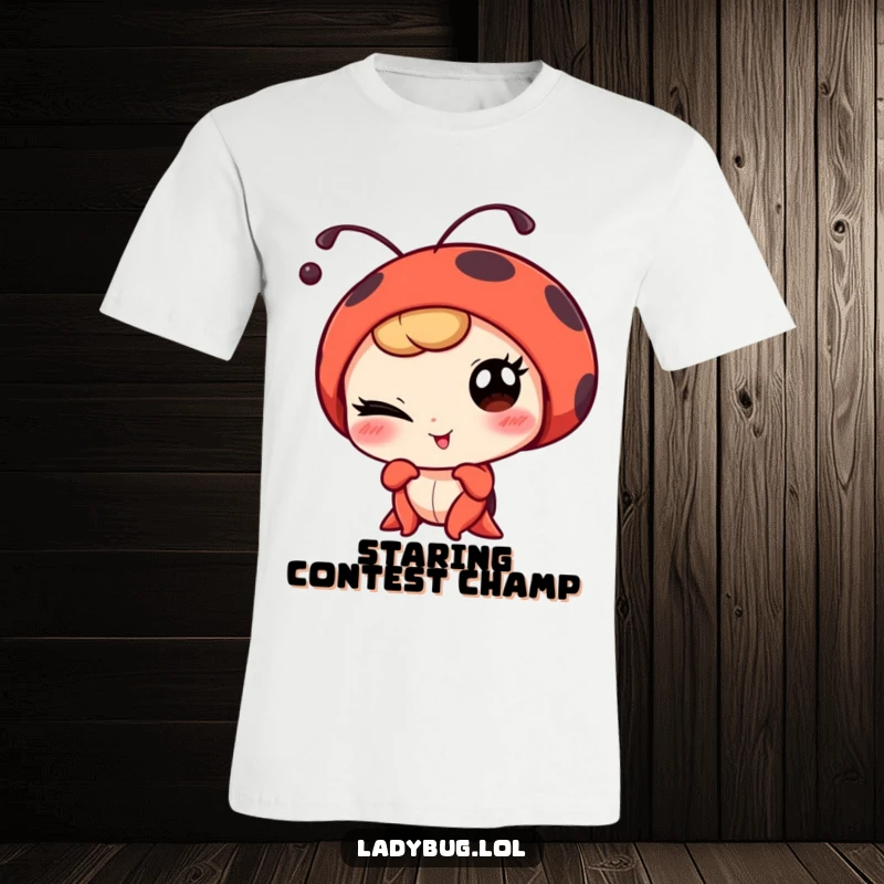 Funny winking ladybug character playfully posing for a portrait, printed on a stylish and humorous t-shirt.