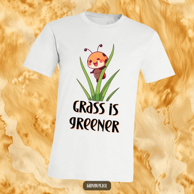 Funny t-shirt showing a joyful ladybug character happily climbing a tall blade of grass, radiating pure delight.