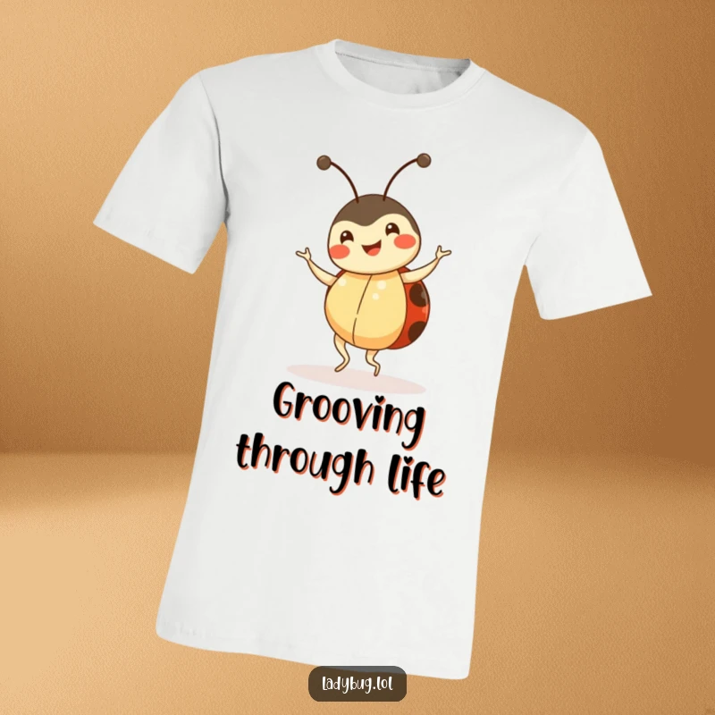 Funny ladybug t-shirt, happy insect character doing a little dance, cute and vibrant, humorous apparel.